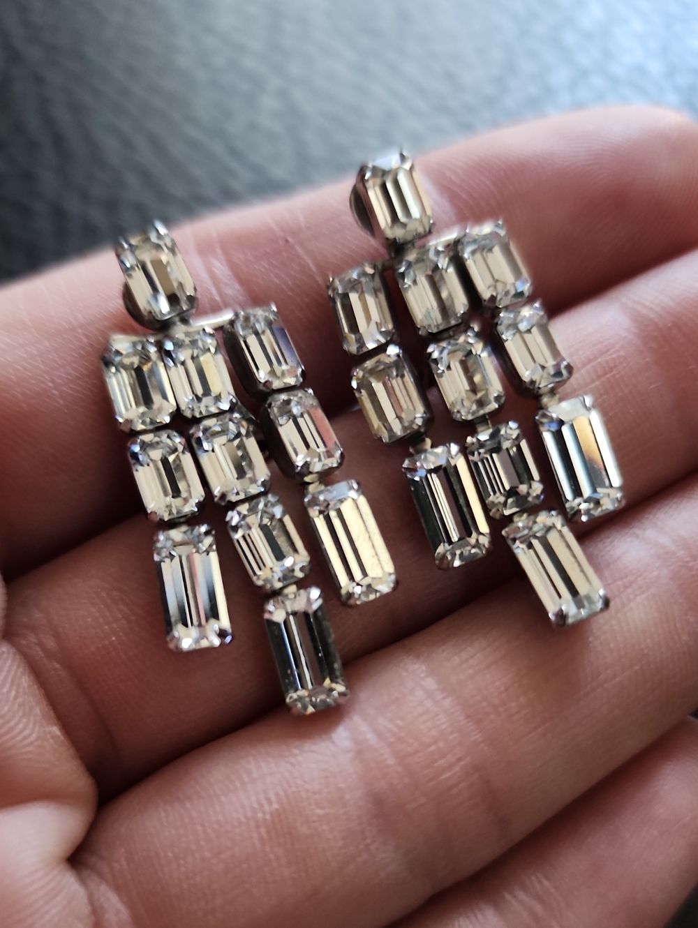 VTG Weiss Crystal Drop Statement Clip Earrings in Silver Tone